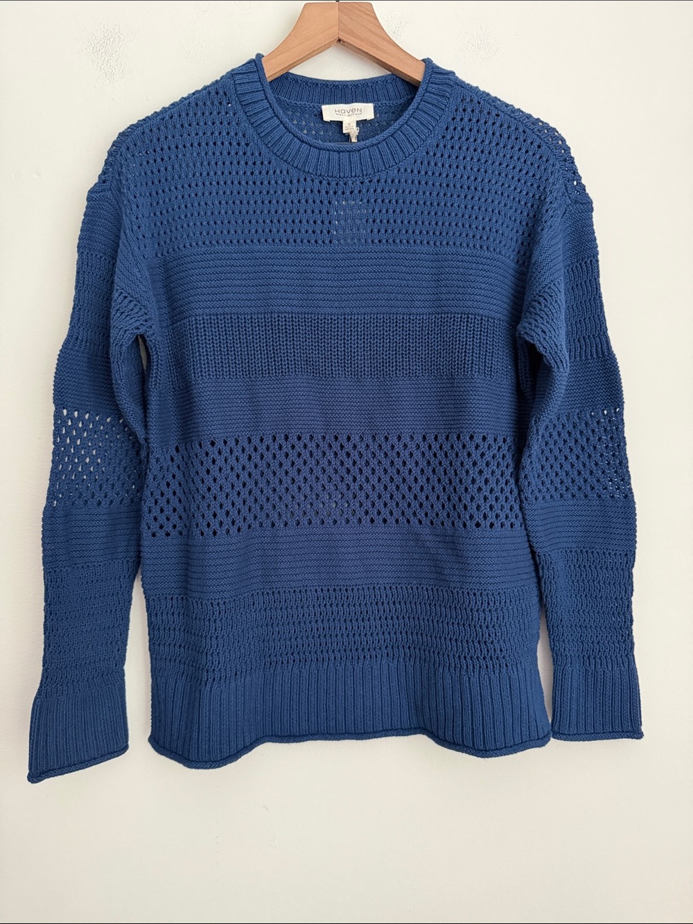 Haven Well Within Organic Cotton Open Stitch Crewneck Sweater navy blue S NWT